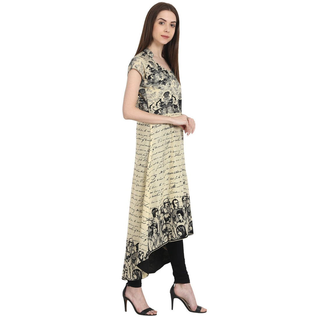 Beige printed cap sleeve low high kurta | NOZ2TOZ - Made In INDIA.