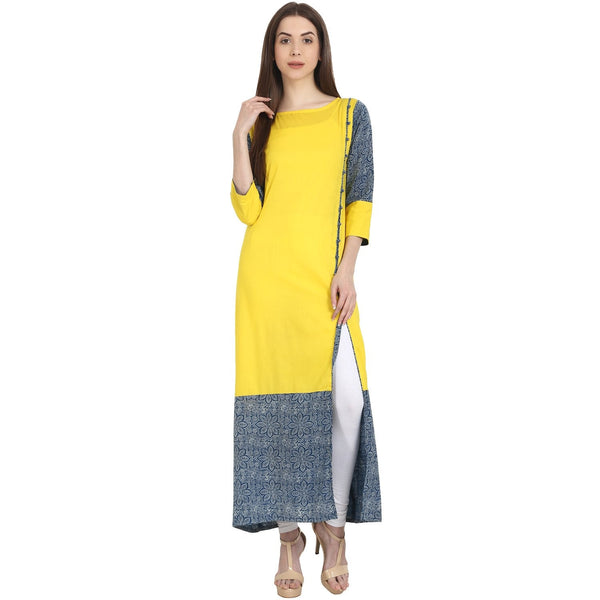 Yellow & blue 3/4 sleeve cotton long kurta | NOZ2TOZ - Made In INDIA.