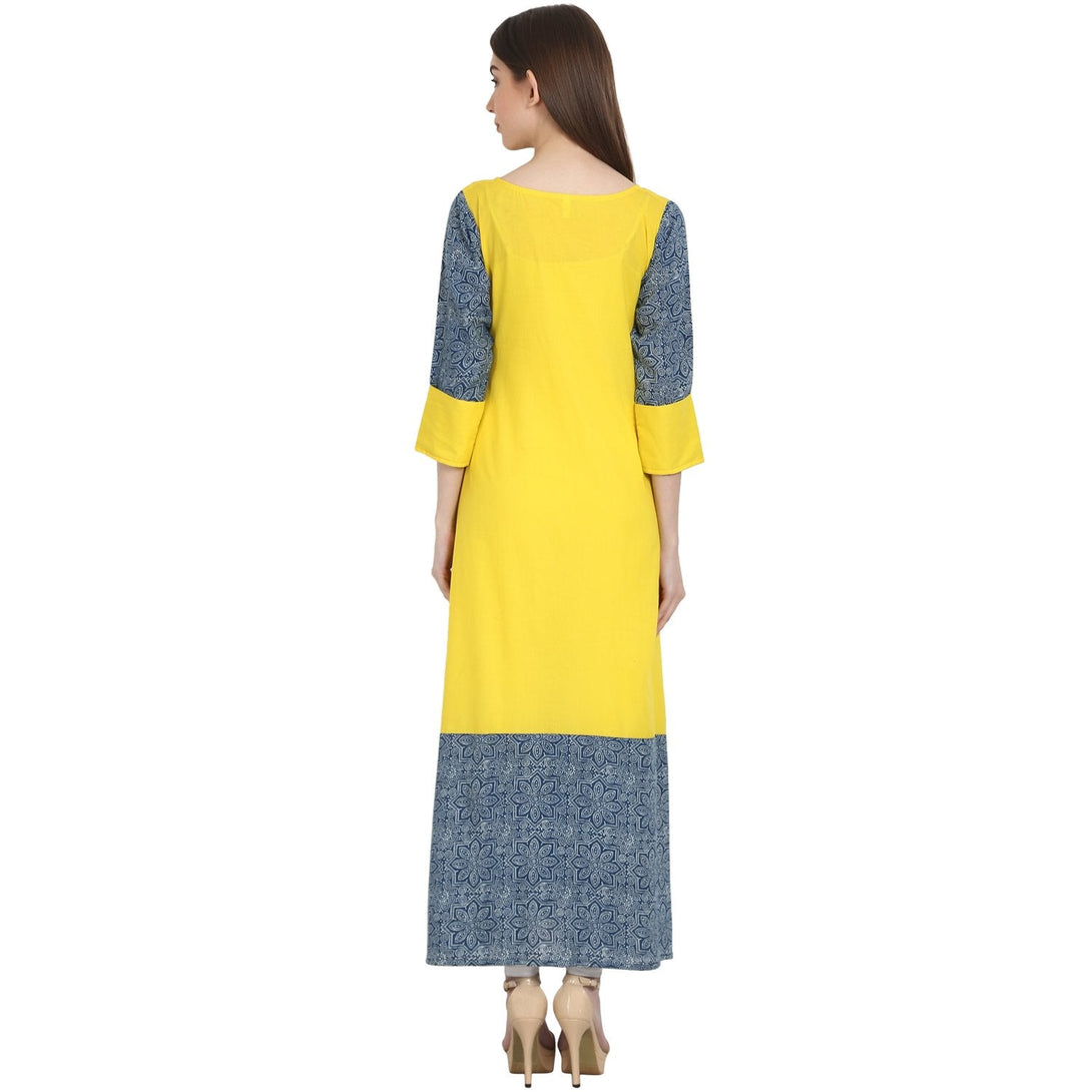 Yellow & blue 3/4 sleeve cotton long kurta | NOZ2TOZ - Made In INDIA.