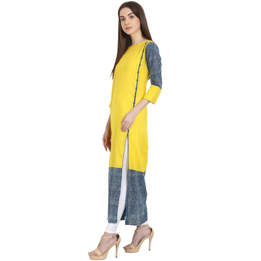 Yellow & blue 3/4 sleeve cotton long kurta | NOZ2TOZ - Made In INDIA.