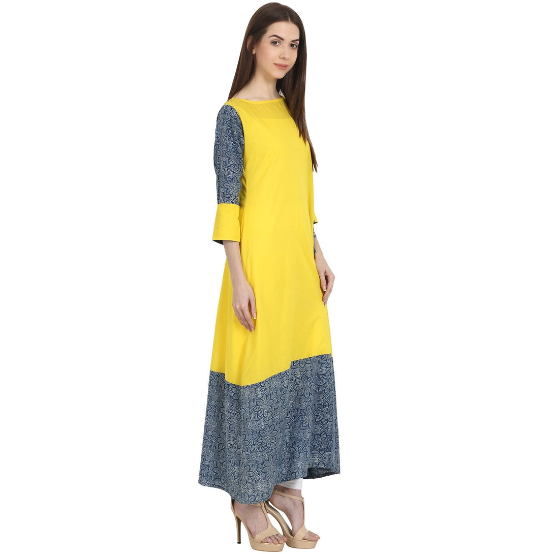 Yellow & blue 3/4 sleeve cotton long kurta | NOZ2TOZ - Made In INDIA.