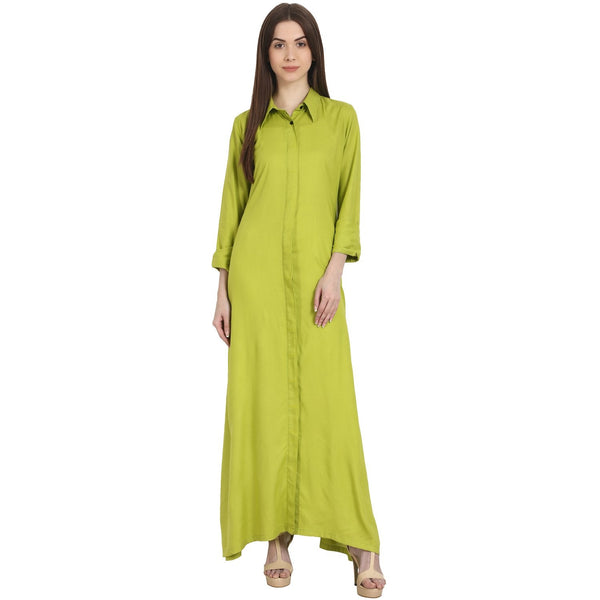 Women Solid Green Long Sleeves Shirt Collar Rayon Straight Kurta | NOZ2TOZ - Made In INDIA.