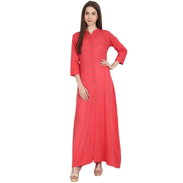 Women Solid Coral Three-Quarter Sleeves Mandarin Collar Cotton Straight Kurta | NOZ2TOZ - Made In INDIA.