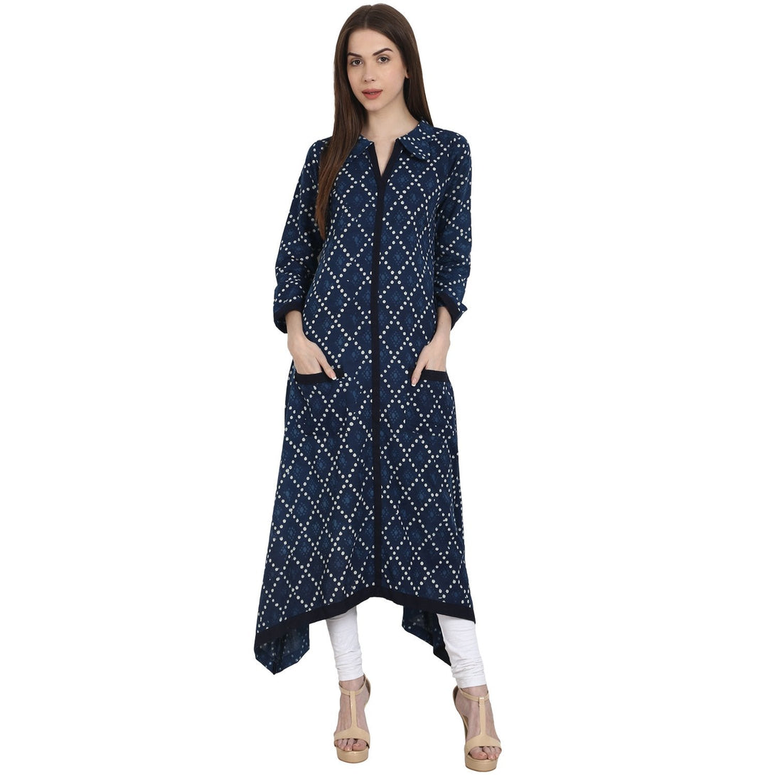 Women Printed Blue Long Sleeves Shirt Collar Cotton A-Line Kurta | NOZ2TOZ - Made In INDIA.