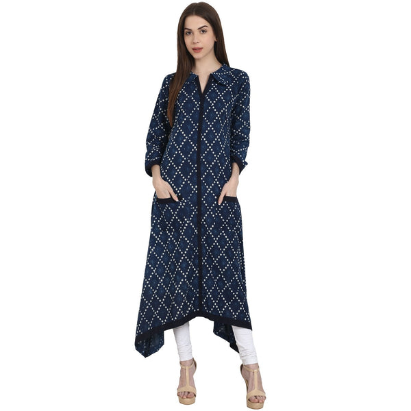 Blue printed 3/4 sleeve cotton assymetric kurta with two side pocket | NOZ2TOZ - Made In INDIA.