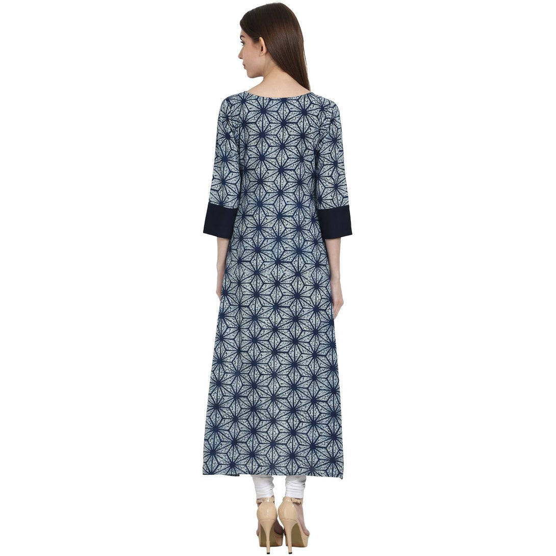 Blue printed 3/4 sleeve assymetrical cotton kurta | NOZ2TOZ - Made In INDIA.