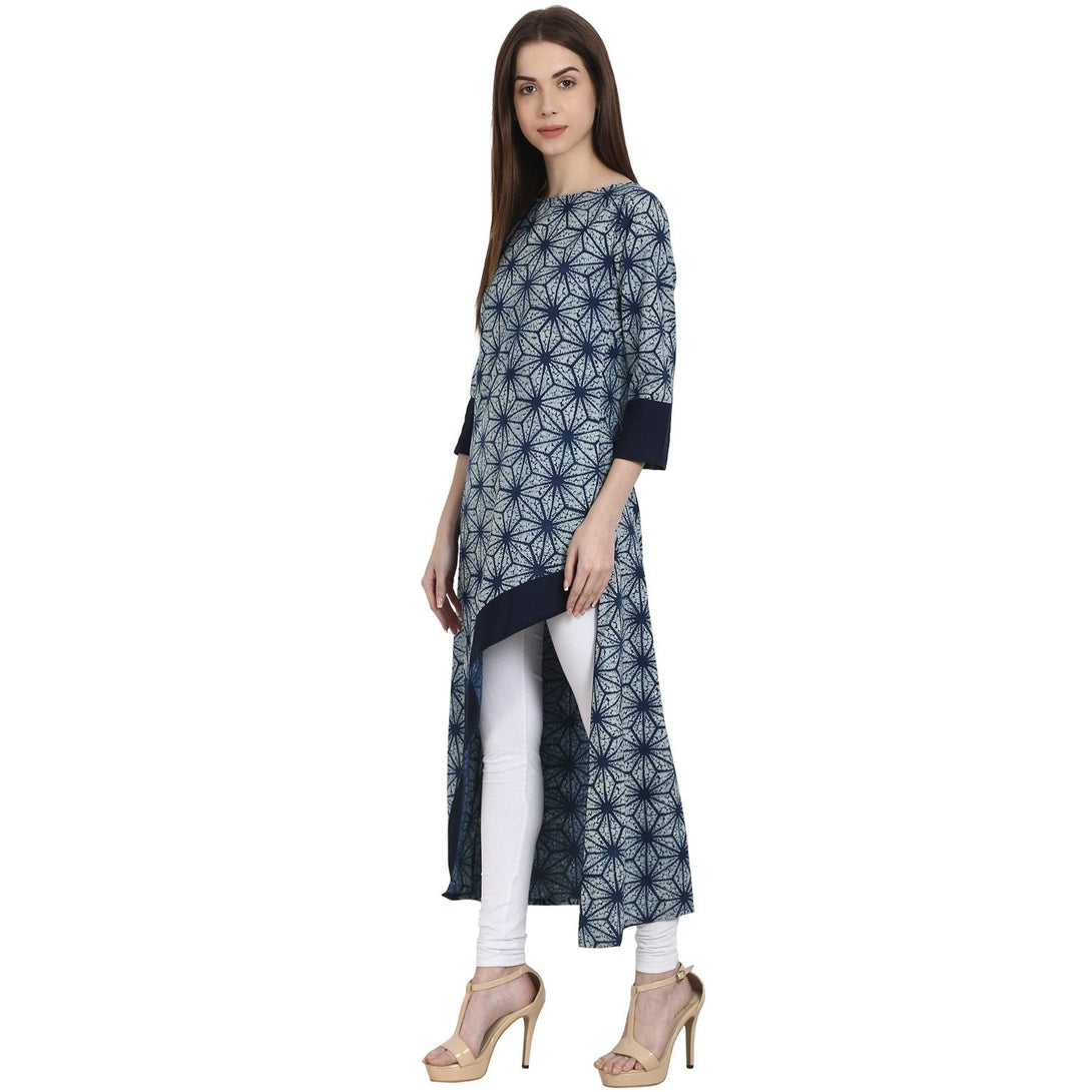 Blue printed 3/4 sleeve assymetrical cotton kurta | NOZ2TOZ - Made In INDIA.