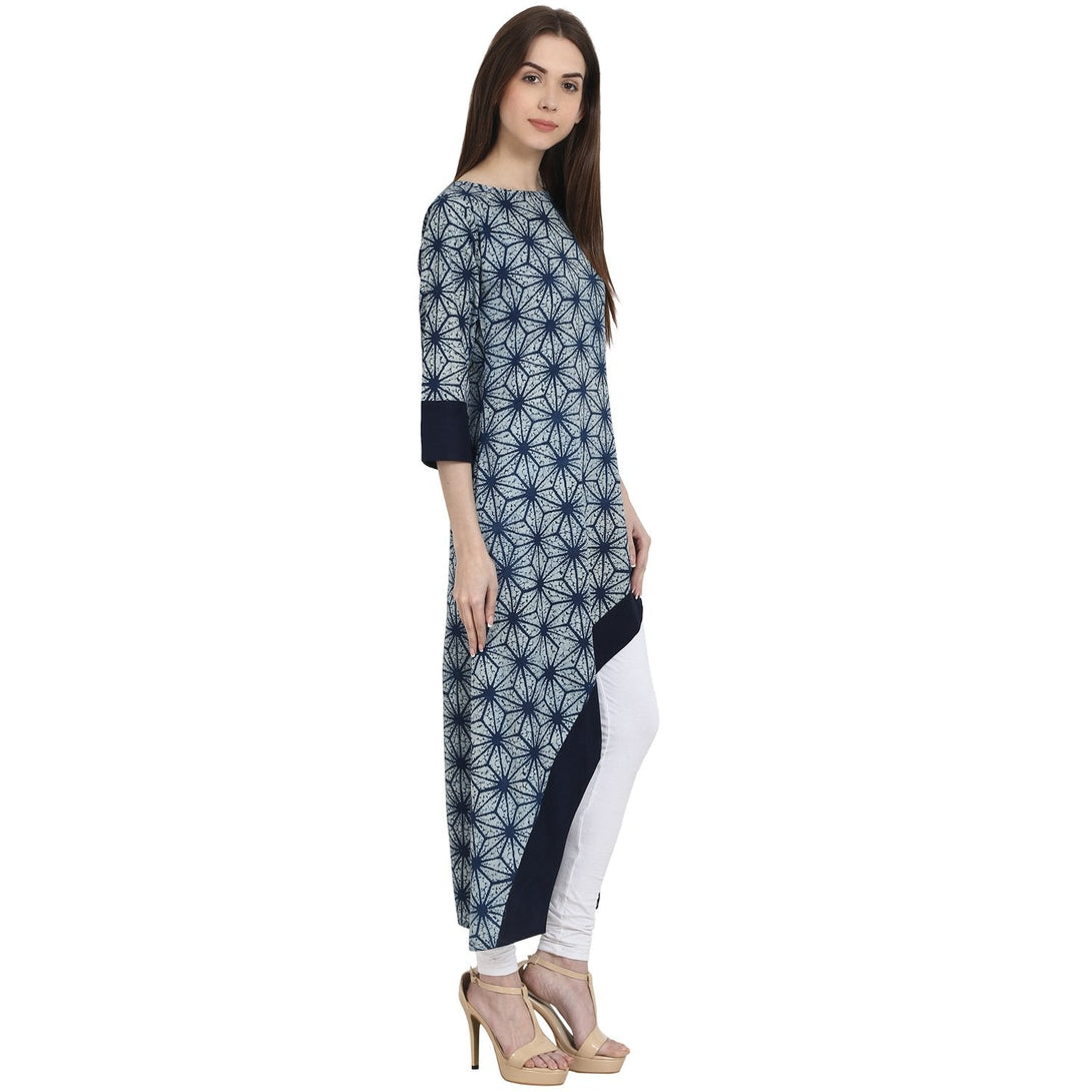 Blue printed 3/4 sleeve assymetrical cotton kurta | NOZ2TOZ - Made In INDIA.