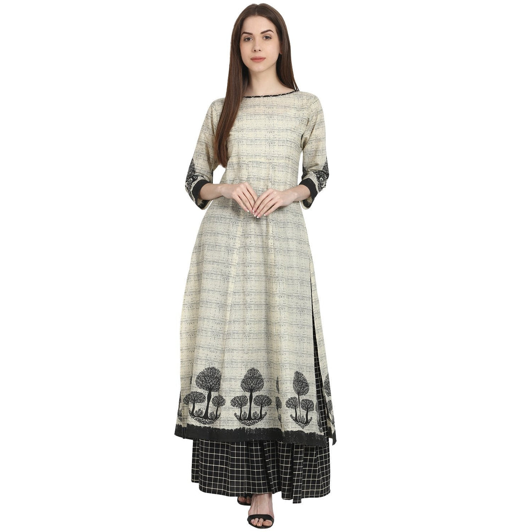 Beige tree printed cotton kurta with black printed skirt | NOZ2TOZ - Made In INDIA.