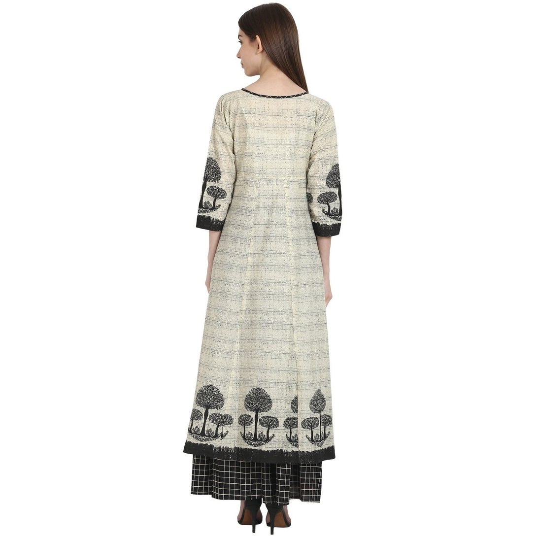 Beige tree printed cotton kurta with black printed skirt | NOZ2TOZ - Made In INDIA.