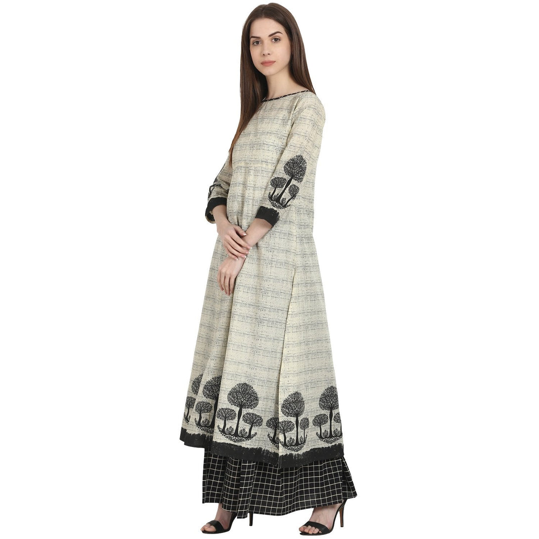 Beige tree printed cotton kurta with black printed skirt | NOZ2TOZ - Made In INDIA.