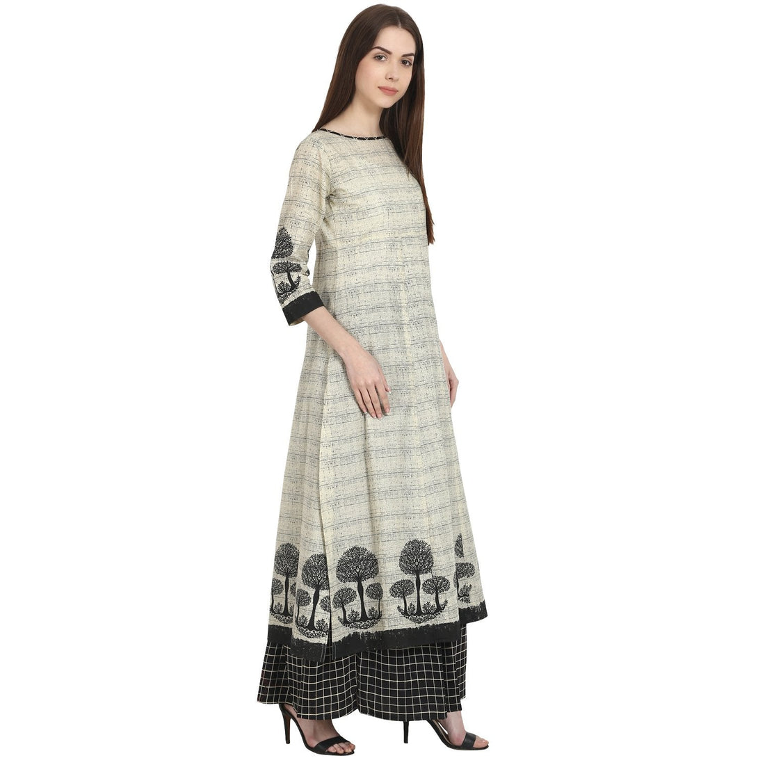 Beige tree printed cotton kurta with black printed skirt | NOZ2TOZ - Made In INDIA.