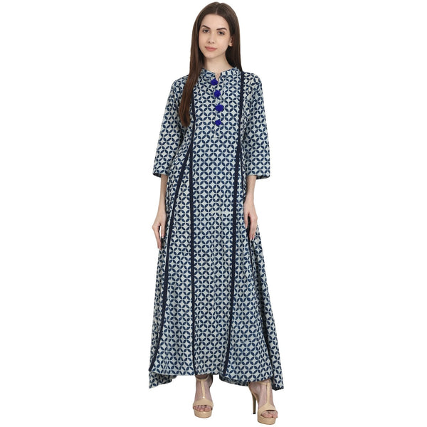 Women Printed Blue Three-Quarter Sleeves Mandarin Collar Cotton A-Line Kurta | NOZ2TOZ - Made In INDIA.