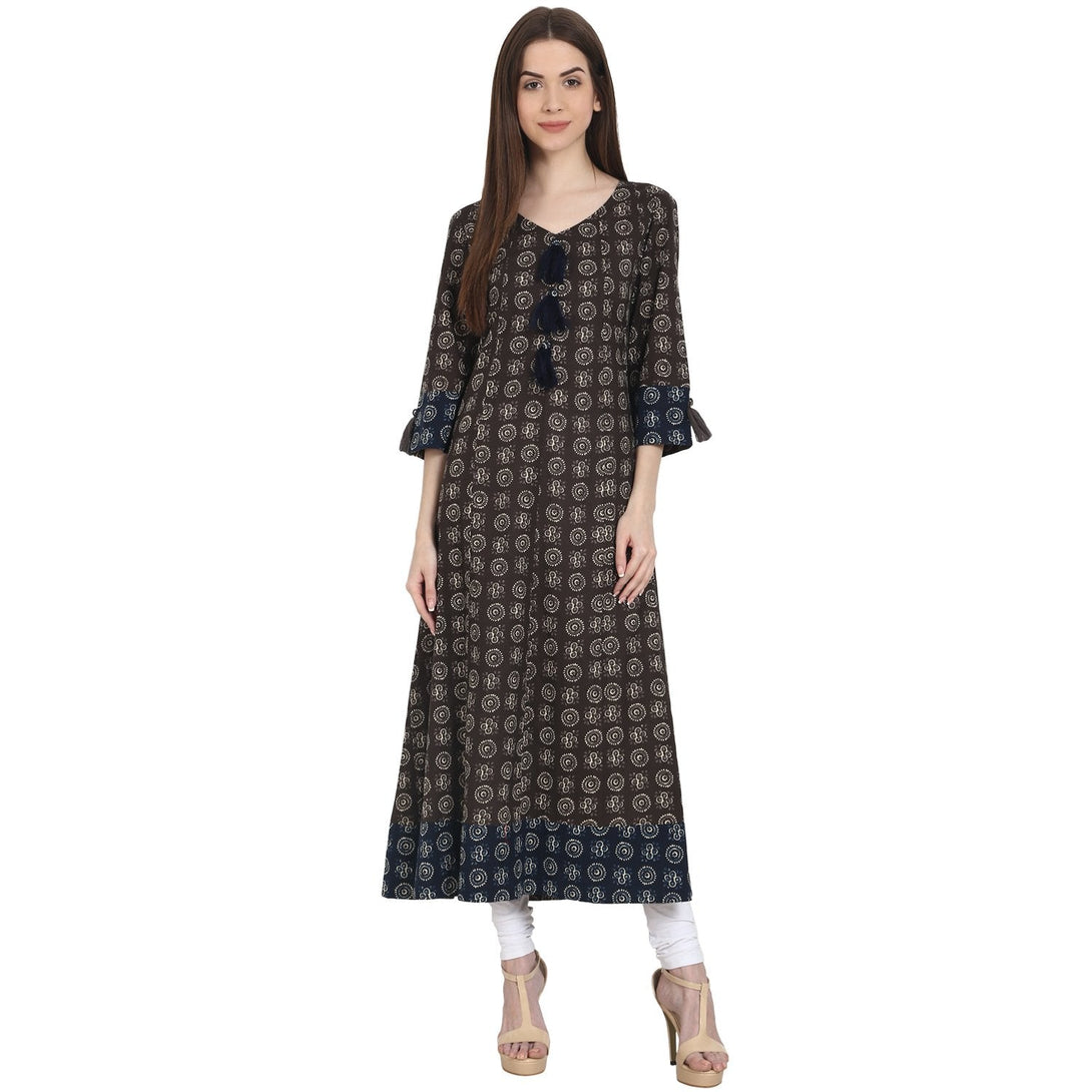 Women Printed Coffee Brown Three-Quarter Sleeves V-Neck Cotton A-Line Kurta | NOZ2TOZ - Made In INDIA.