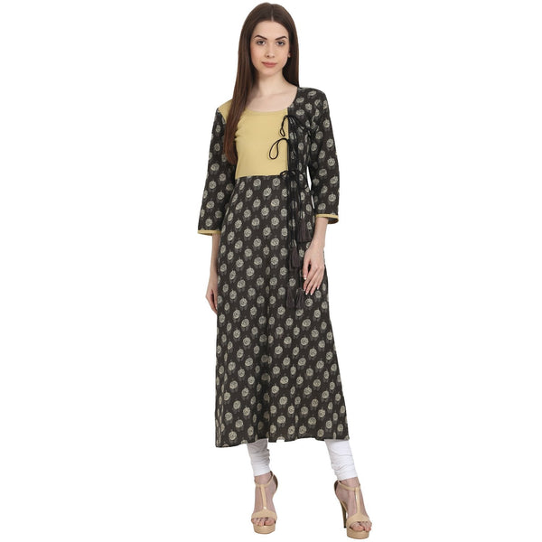 Women Printed Black Three-Quarter Sleeves Scoop Neck Cotton A-Line Kurta | NOZ2TOZ - Made In INDIA.