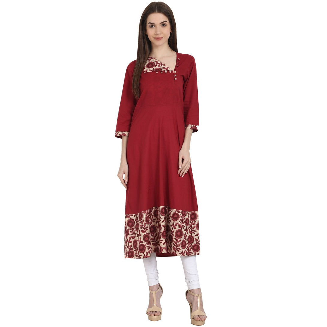 Maroon 3/4 sleeve cotton A-Line kurta | NOZ2TOZ - Made In INDIA.