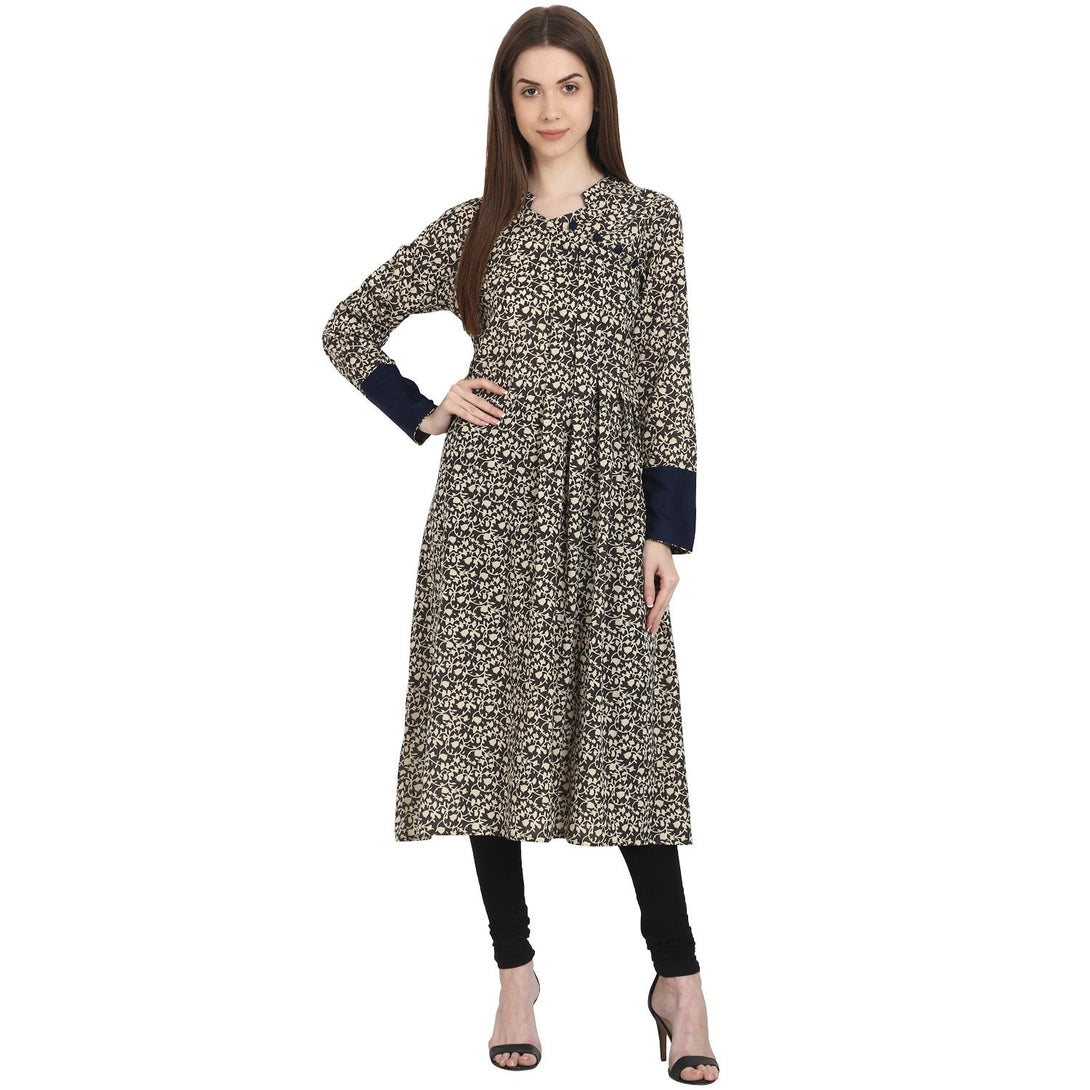 Women Printed Coffee Brown Long Sleeves Scoop Neck Rayon A-Line Kurta | NOZ2TOZ - Made In INDIA.