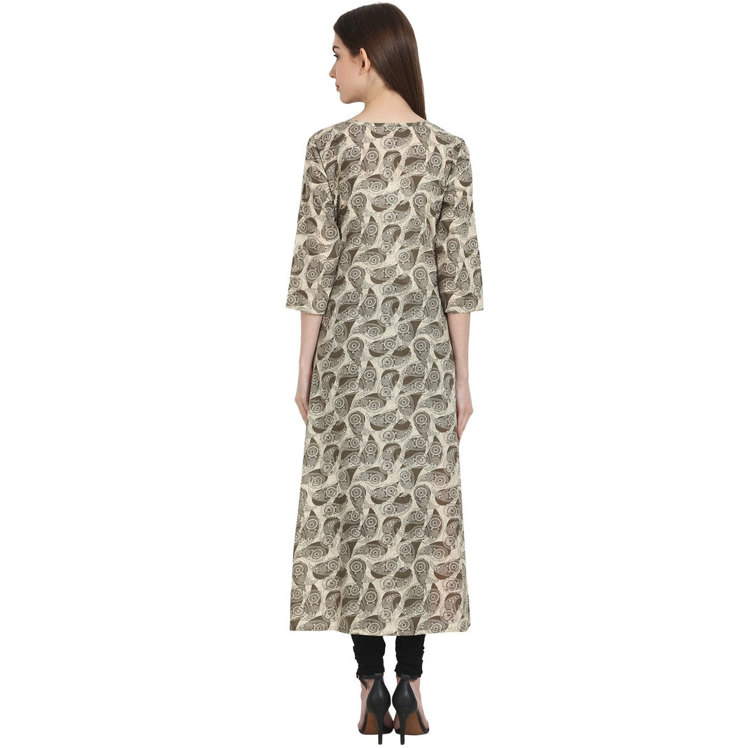 Beige printed 3/4 sleeve cotton anarkali kurta | NOZ2TOZ - Made In INDIA.