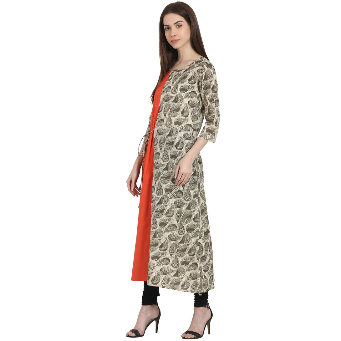 Beige printed 3/4 sleeve cotton anarkali kurta | NOZ2TOZ - Made In INDIA.