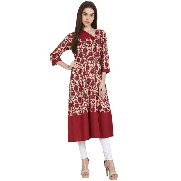 Maroon printed 3/4 sleeve cotton A-Line kurta | NOZ2TOZ - Made In INDIA.