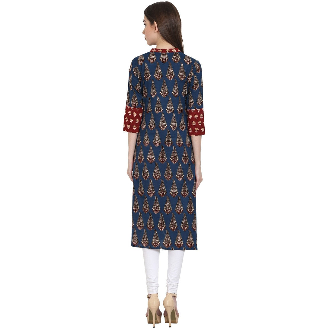 Blue printed 3/4 sleeve cotton A-Line kurta | NOZ2TOZ - Made In INDIA.