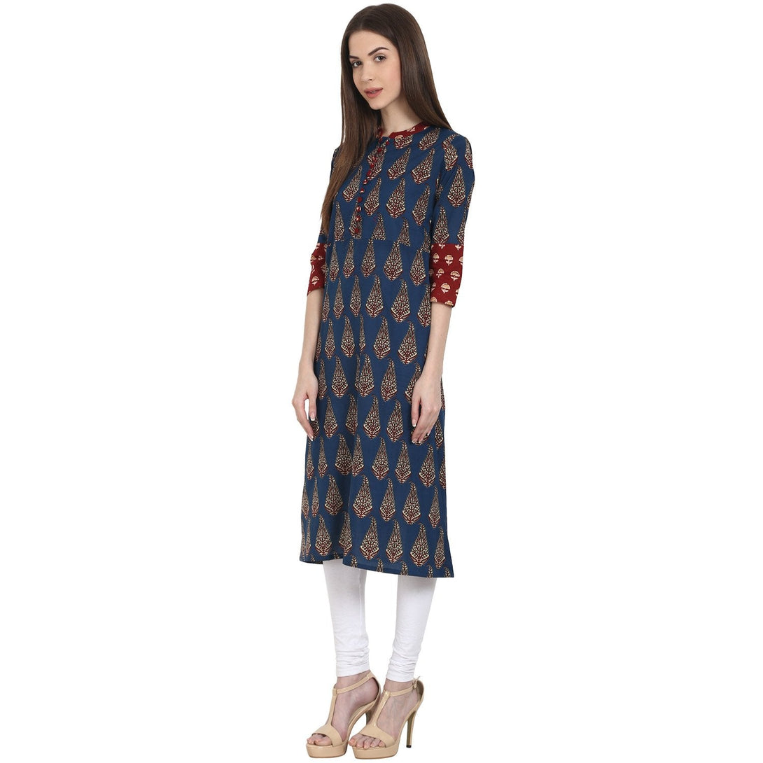 Blue printed 3/4 sleeve cotton A-Line kurta | NOZ2TOZ - Made In INDIA.