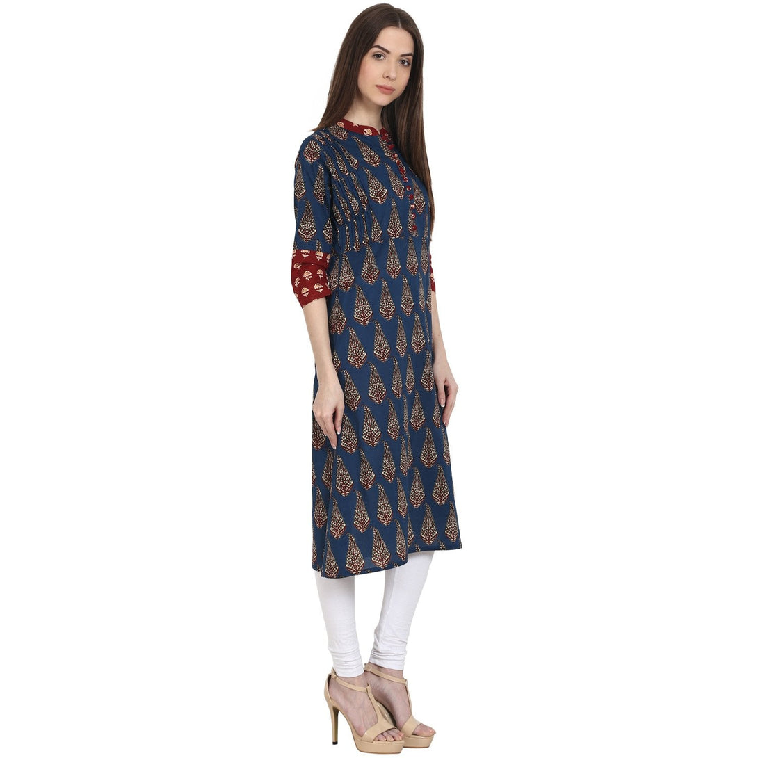 Blue printed 3/4 sleeve cotton A-Line kurta | NOZ2TOZ - Made In INDIA.