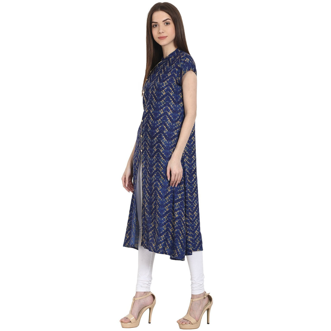 Blue printed cap sleeve rayon front open kurta | NOZ2TOZ - Made In INDIA.