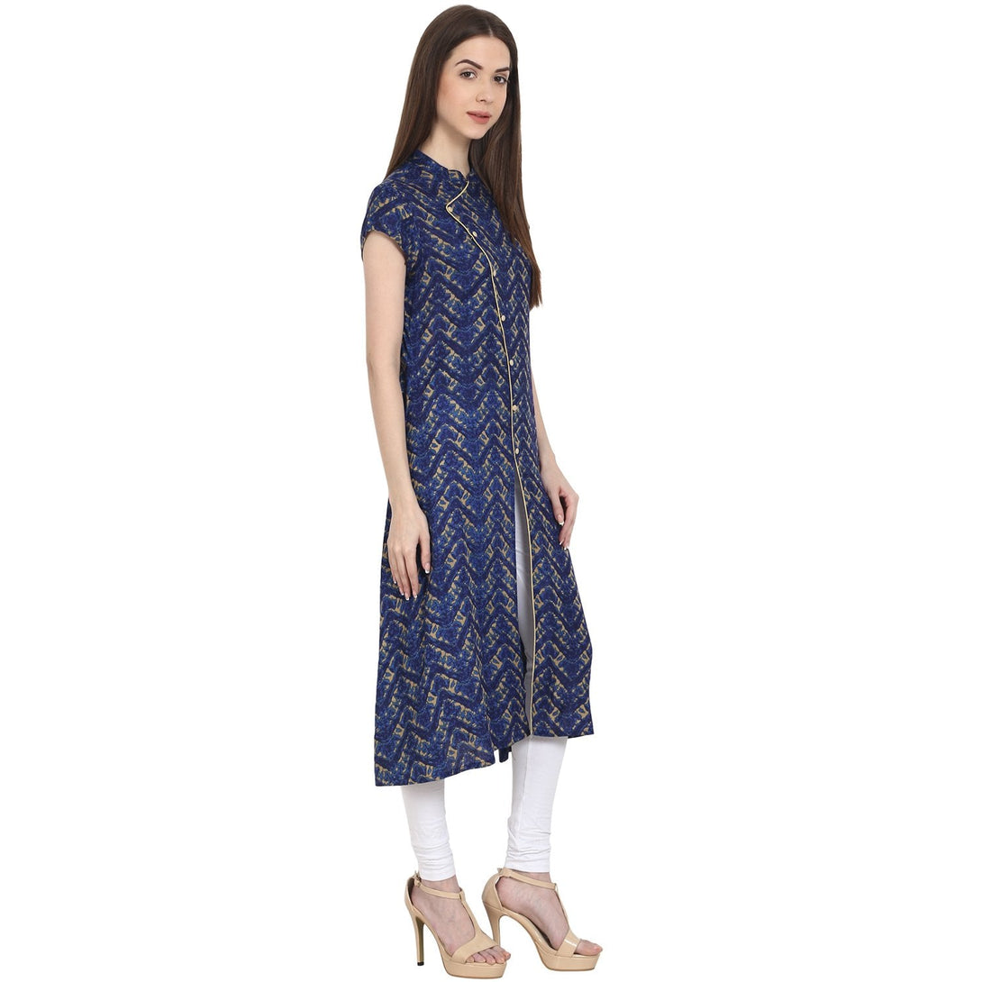 Blue printed cap sleeve rayon front open kurta | NOZ2TOZ - Made In INDIA.