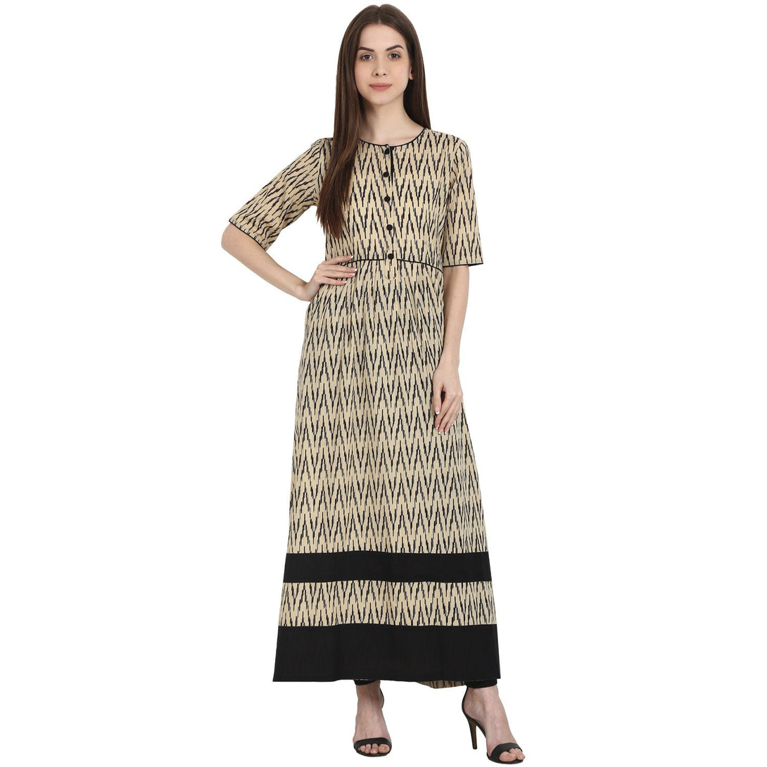 Beige printed half sleeve cotton long kurta | NOZ2TOZ - Made In INDIA.