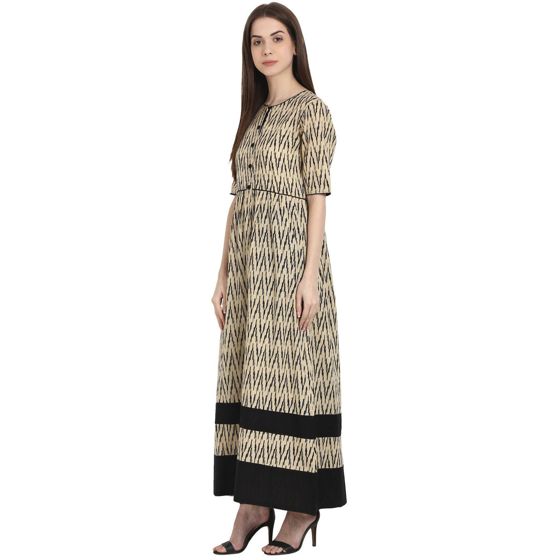 Beige printed half sleeve cotton long kurta | NOZ2TOZ - Made In INDIA.