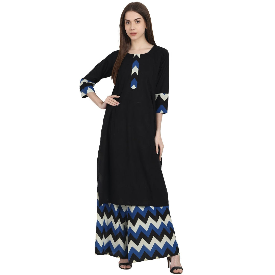 Black 3/4 sleeve kurta with blue printed ankle length plazzo | NOZ2TOZ - Made In INDIA.