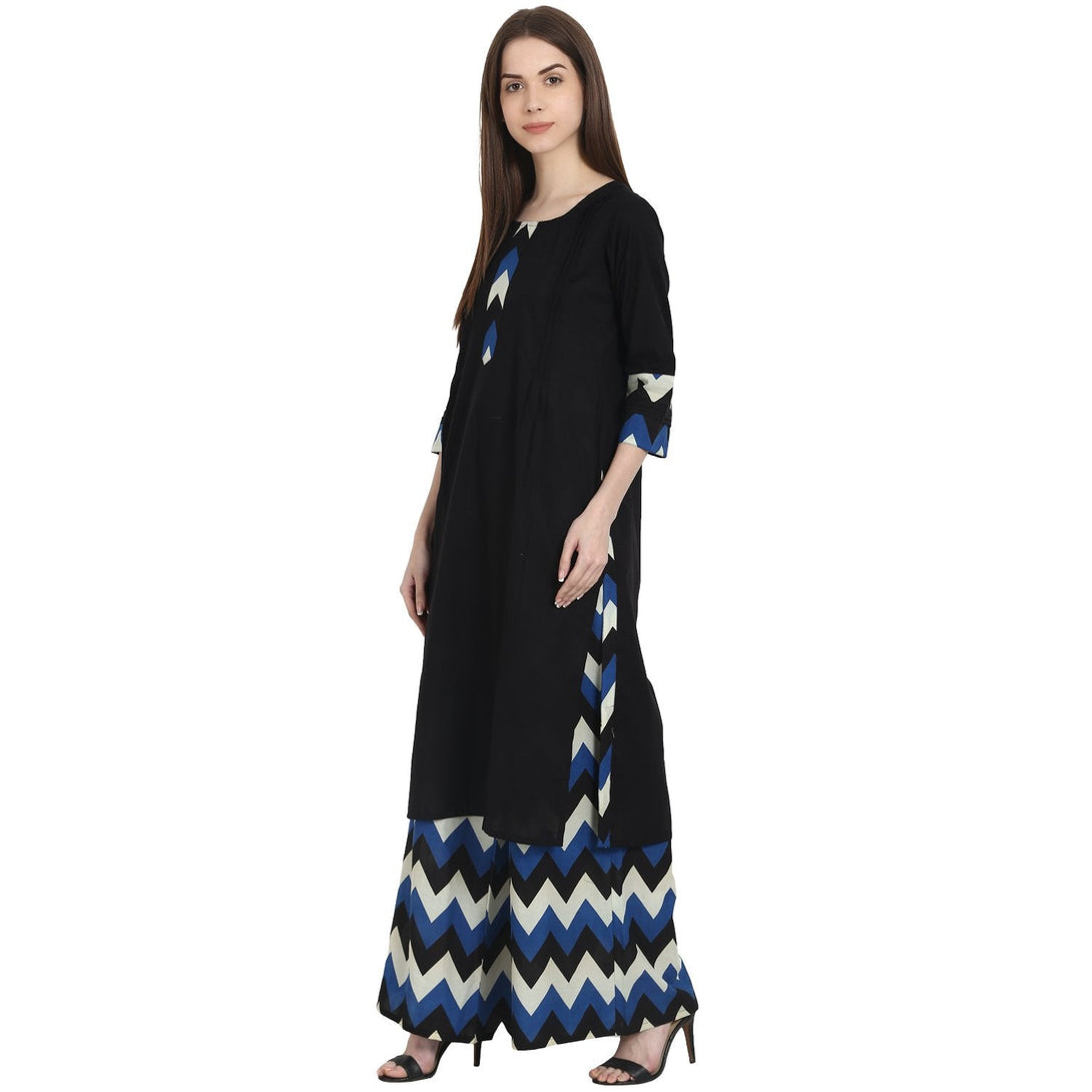 Black 3/4 sleeve kurta with blue printed ankle length plazzo | NOZ2TOZ - Made In INDIA.