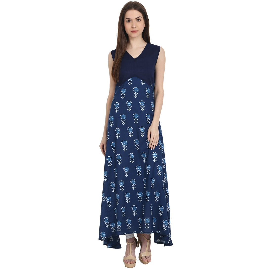 Blue printed sleevless cotton assymetrical kurta | NOZ2TOZ - Made In INDIA.