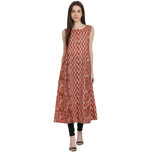 Red printed sleevless cotton A-Line kurta | NOZ2TOZ - Made In INDIA.