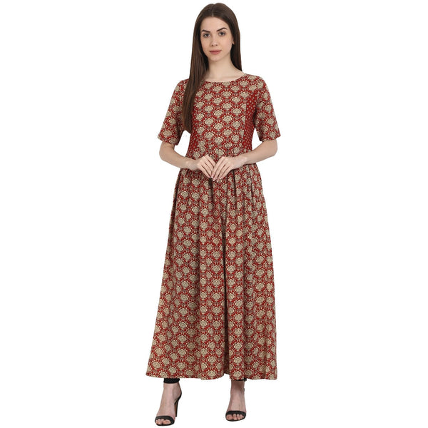 Red printed half sleeve cotton anarkali kurta | NOZ2TOZ - Made In INDIA.