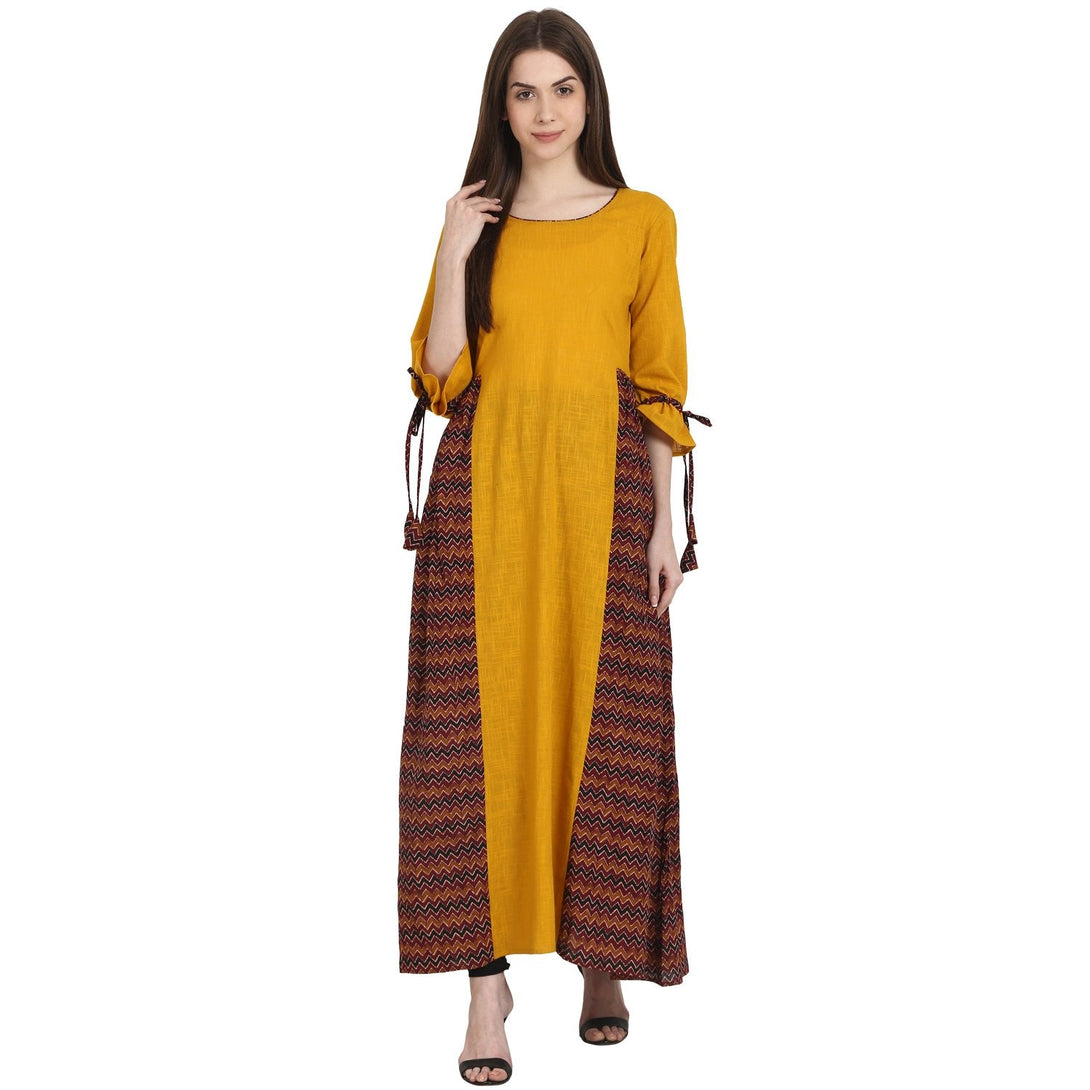 Yellow & coffee printed 3/4 sleeve cotton slub floor length kurta | NOZ2TOZ - Made In INDIA.