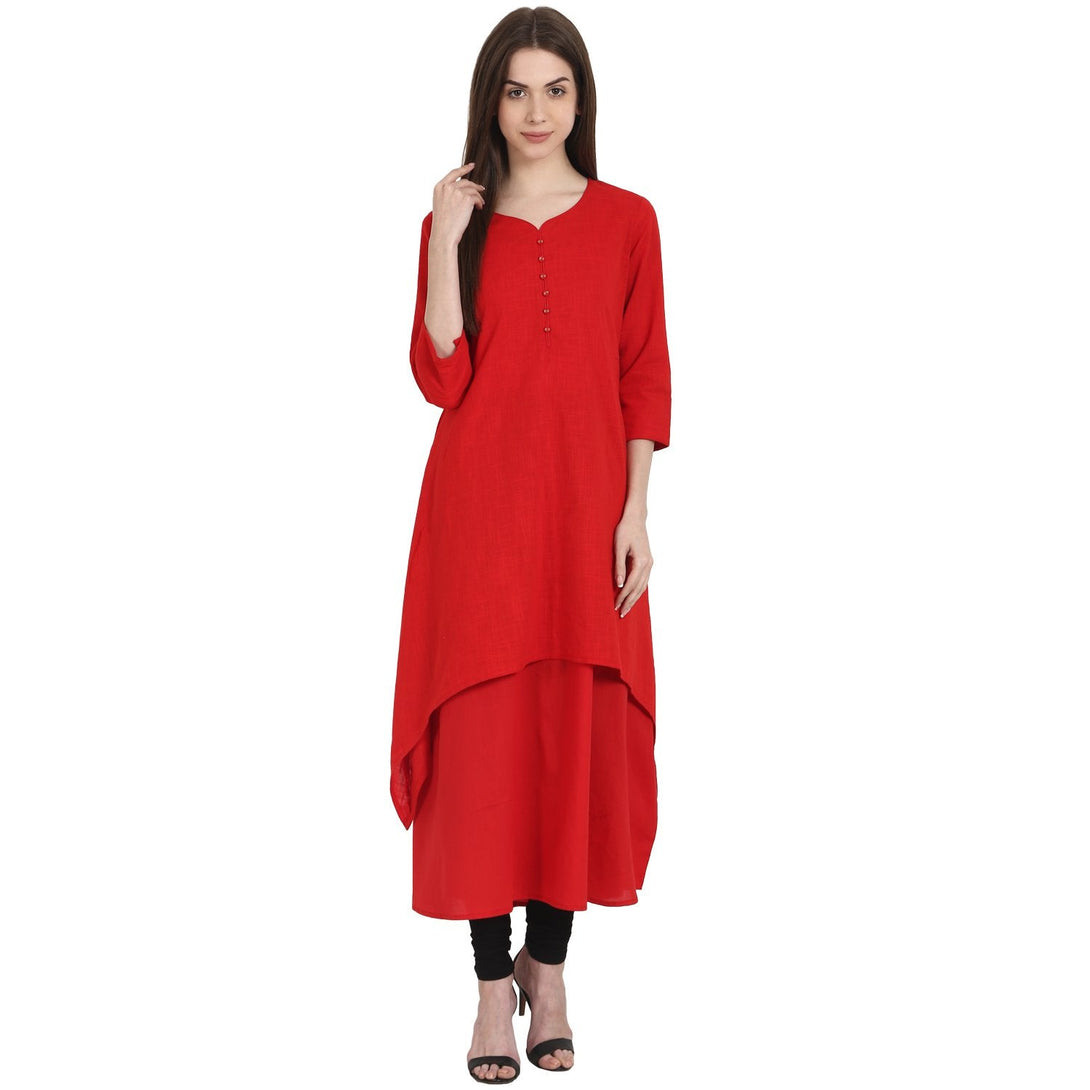 Women Solid Red Three-Quarter Sleeves Sweetheart Neck Cotton A-Line Kurta | NOZ2TOZ - Made In INDIA.