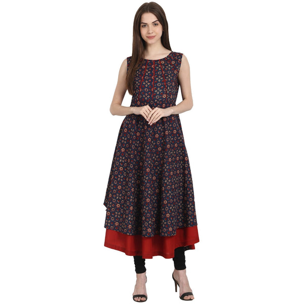 Multi printed sleevless cotton Anarkali kurta with red inner | NOZ2TOZ - Made In INDIA.