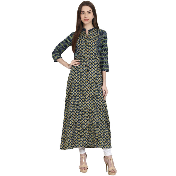 Women Printed Yellow Three-Quarter Sleeves Mandarin Collar Cotton A-Line Kurta | NOZ2TOZ - Made In INDIA.