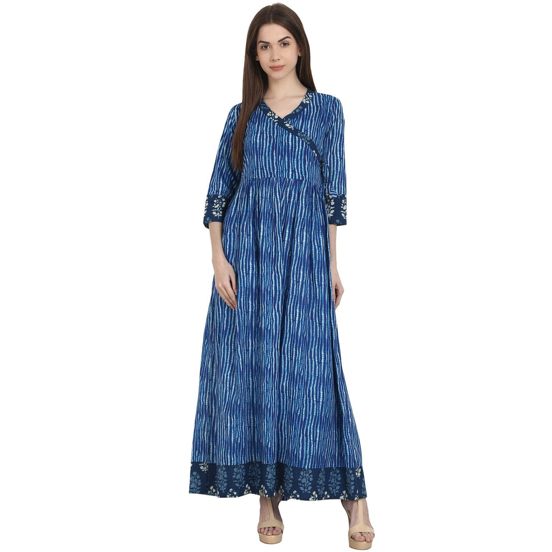 Blue printed 3/4 sleeve cotton Anghrakha kurta | NOZ2TOZ - Made In INDIA.