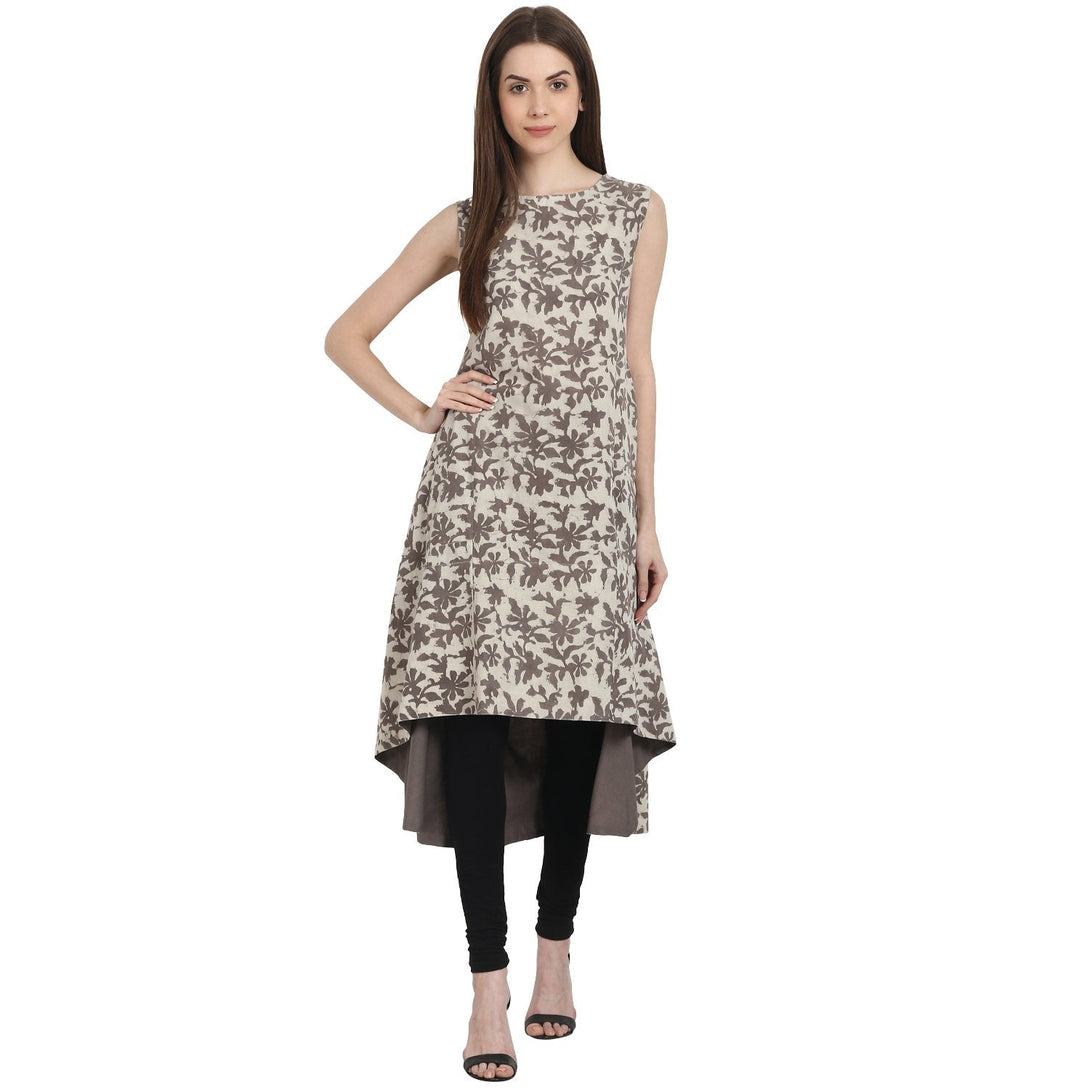 Beige printed sleevless cotton kurta | NOZ2TOZ - Made In INDIA.