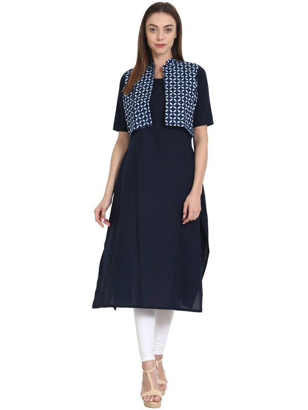 Women Navy Blue Sleevless Kurta with printed half sleeve jacket | NOZ2TOZ - Made In INDIA.