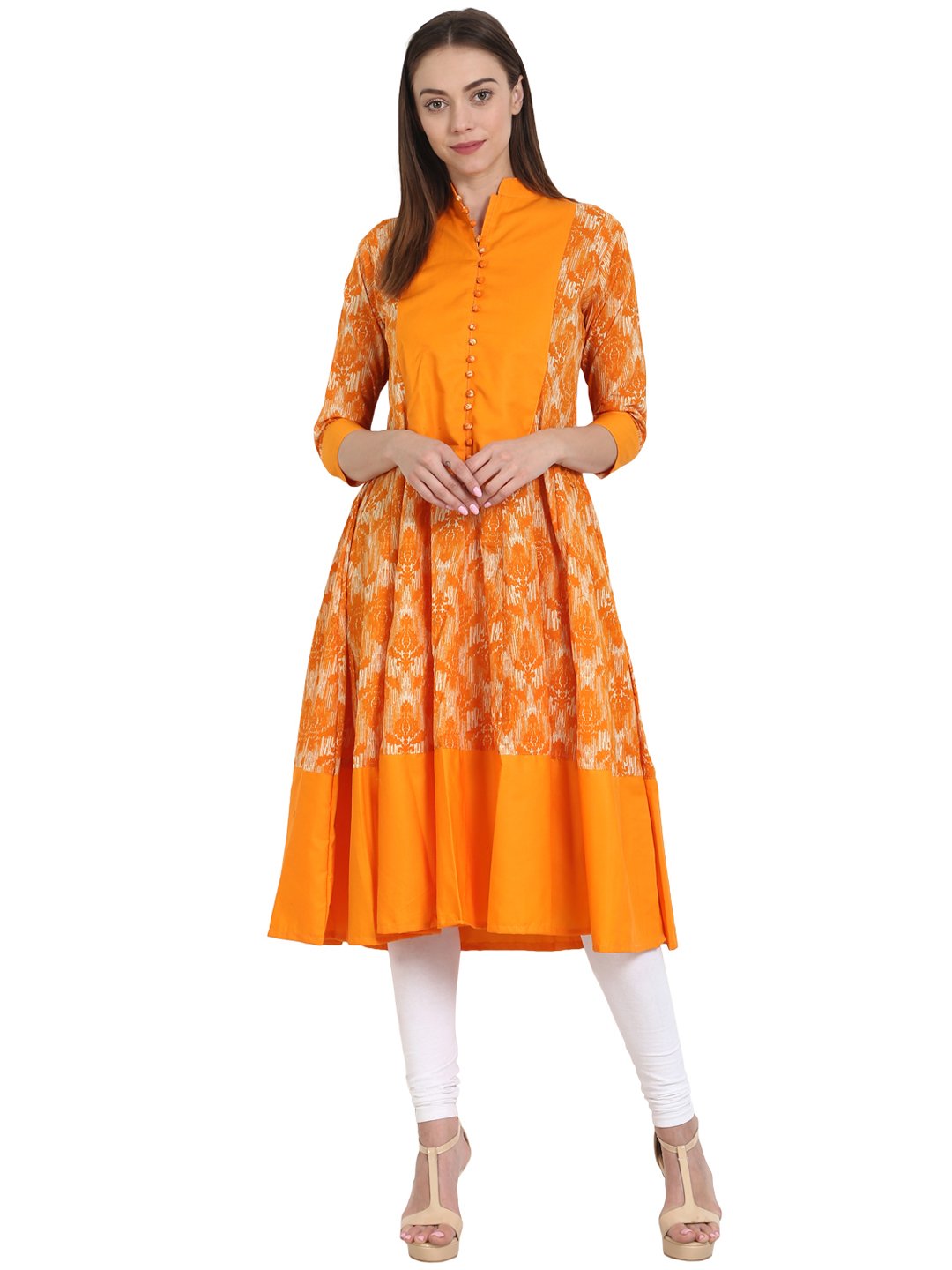 Yellow printed 3/4 sleeve cotton Anarkali Kurta | NOZ2TOZ - Made In INDIA.