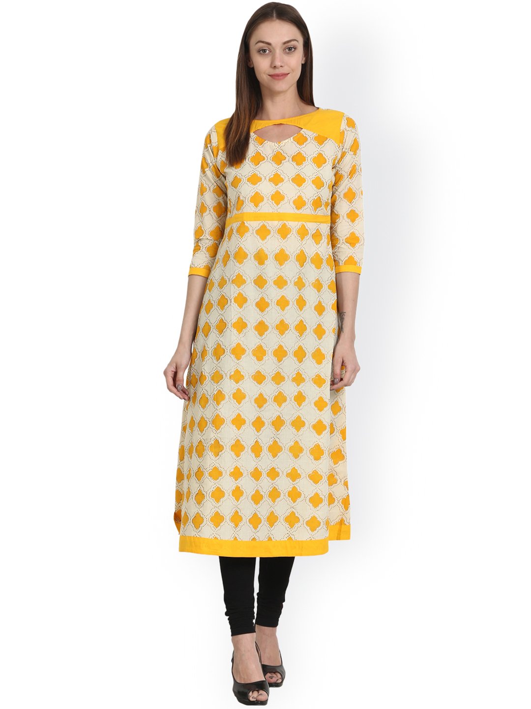 Yellow printed 3/4 sleeve cotton Kurta | NOZ2TOZ - Made In INDIA.