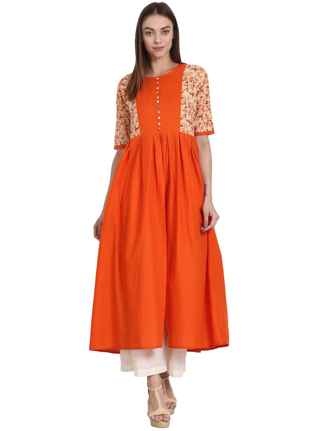 Women Orange half sleeve tale cut flared kurta | NOZ2TOZ - Made In INDIA.