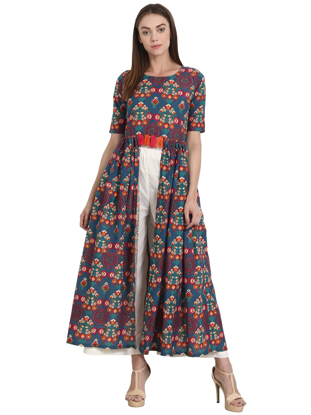 Women Multi printed half sleeve cotton flared kurta | NOZ2TOZ - Made In INDIA.