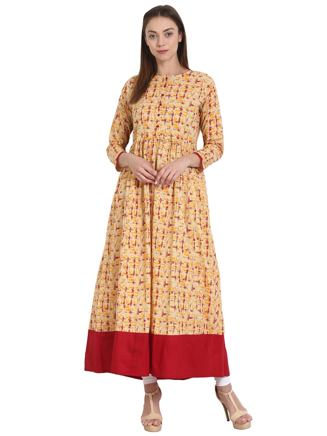 Women Beige printed 3/4 sleeve flared cotton kurta | NOZ2TOZ - Made In INDIA.