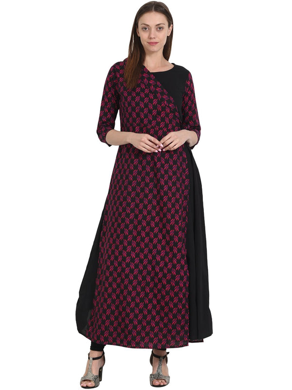 Women Printed Black Three-Quarter Sleeves Round Neck Cotton A-Line Kurta | NOZ2TOZ - Made In INDIA.