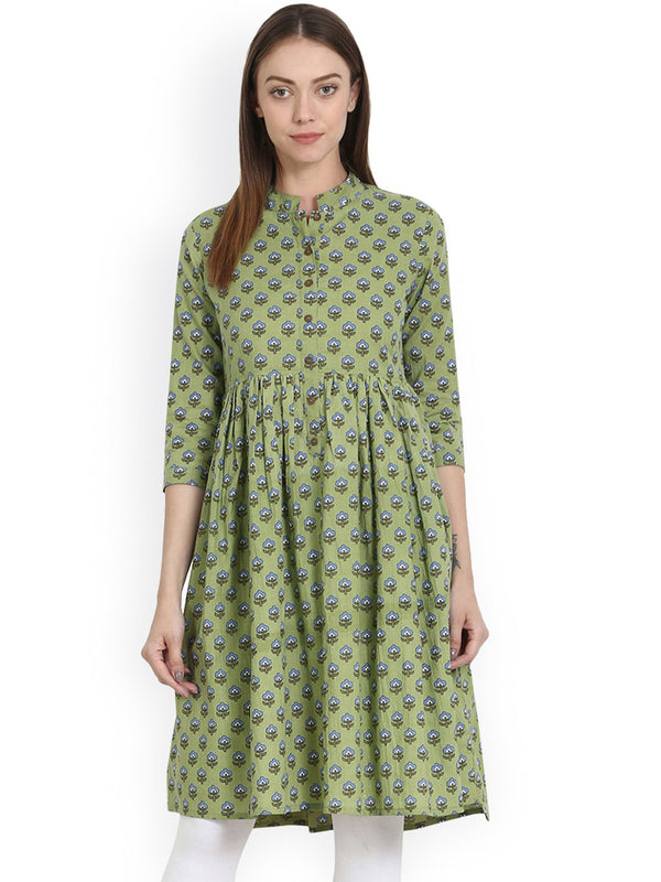 Green printed 3/4 sleeve short anarkali kurta | NOZ2TOZ - Made In INDIA.